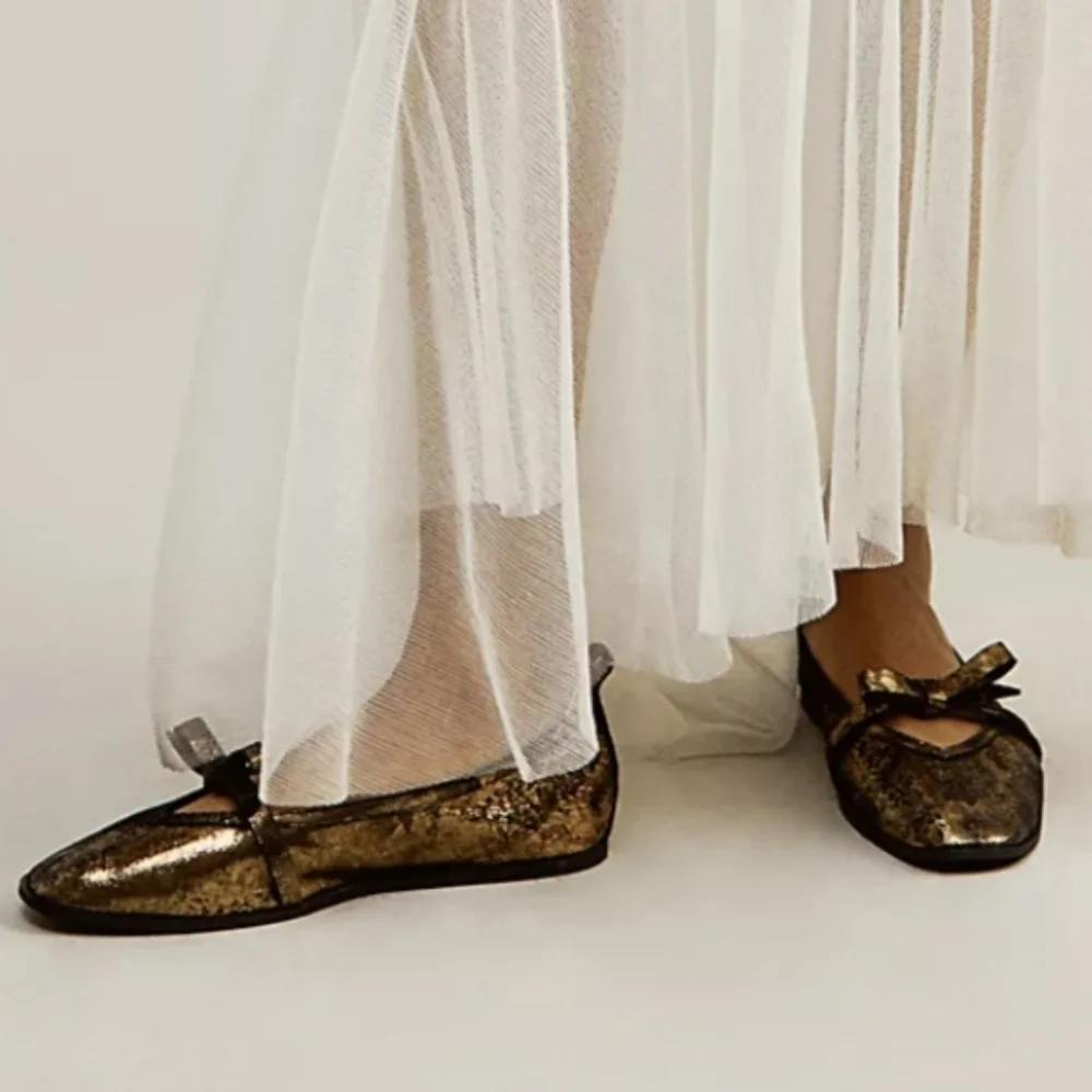 Free People Mania Bow Leather Ballet Flats in Bronze Age Metallic - Size 8